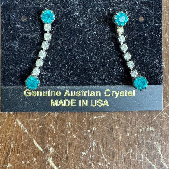 Genuine Austrian Crystal VINTAGE Blue White Rhinestone Dangle Earrings - Picture 3 of 3